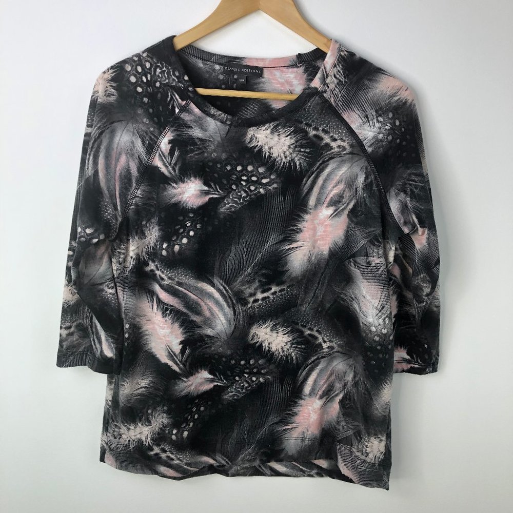 Classic Editions Womans Pullover Top 3/4 Sleeve Black Pink Feathers Size L